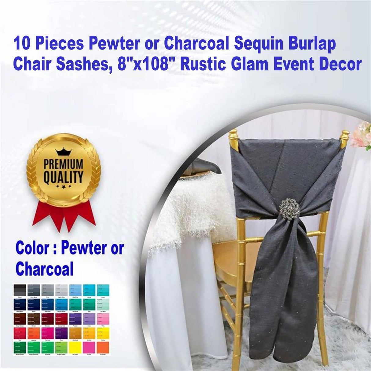 10 Pieces Pewter Charcoal Sequin Burlap Chair Sashes, 8"x108" Rustic Glam Event Decor