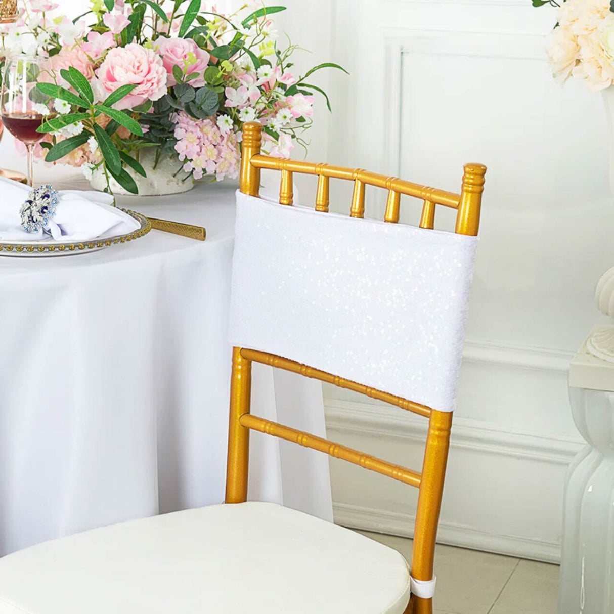 10 Pieces Sparkling White Sequin Stretch Spandex Chair Bands 7 x 13 Inches