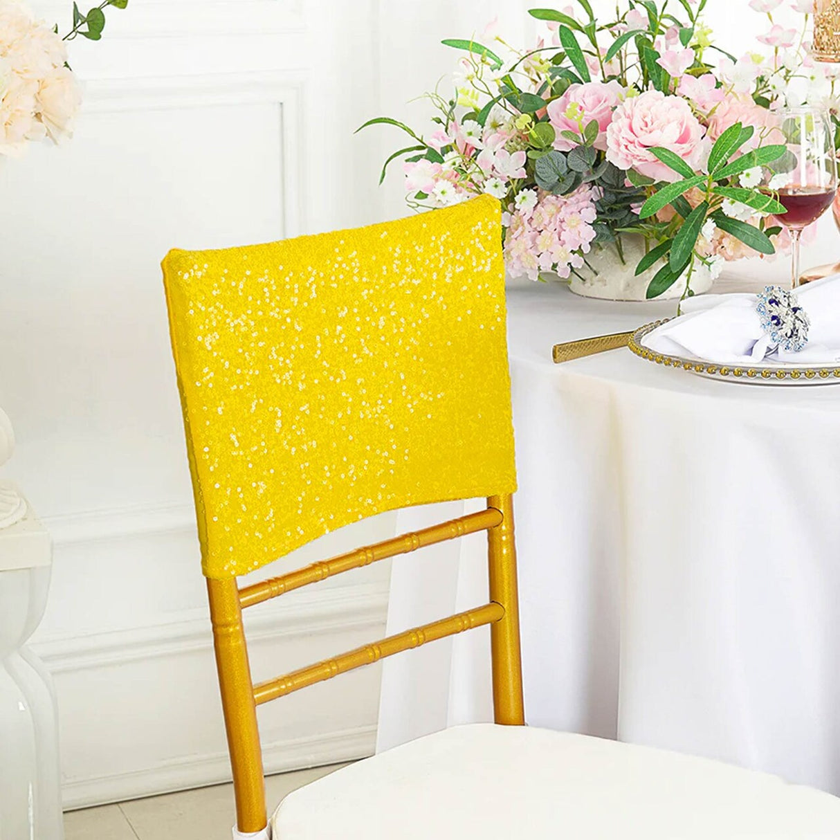 1 Piece Canary Yellow Sequin Spandex Chair Cap 13.5 inch by 10 inch Party Decor