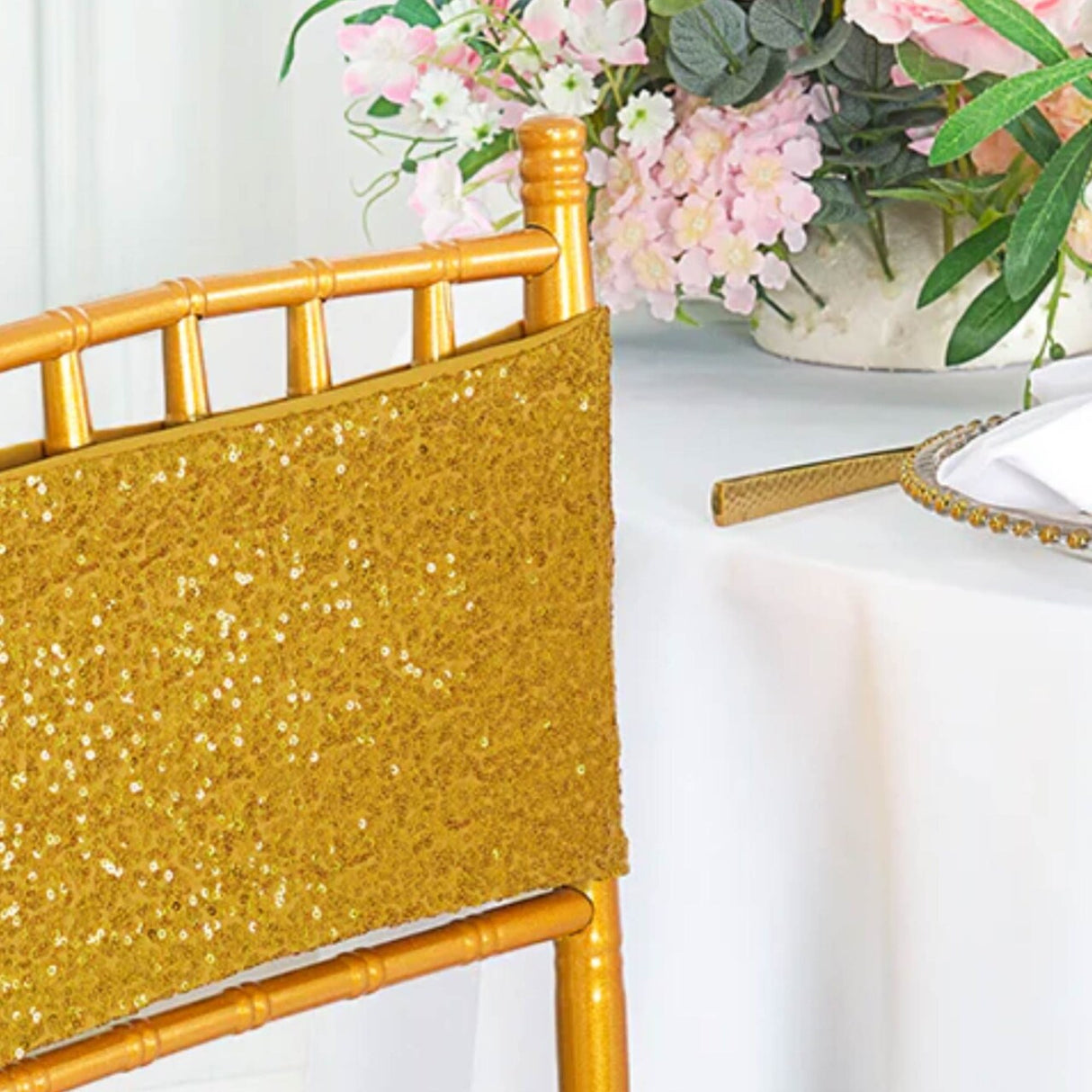 10 Pieces Glamorous Gold Sequin Stretch Spandex Chair Bands 7 x 13 Inches