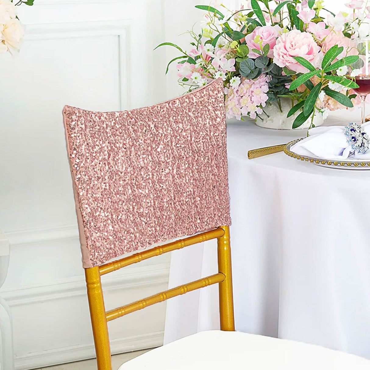 1 Piece Blush Pink Or Rose Gold Sequin Spandex Chair Cap 13.5 inch by 10 inch Event Decor