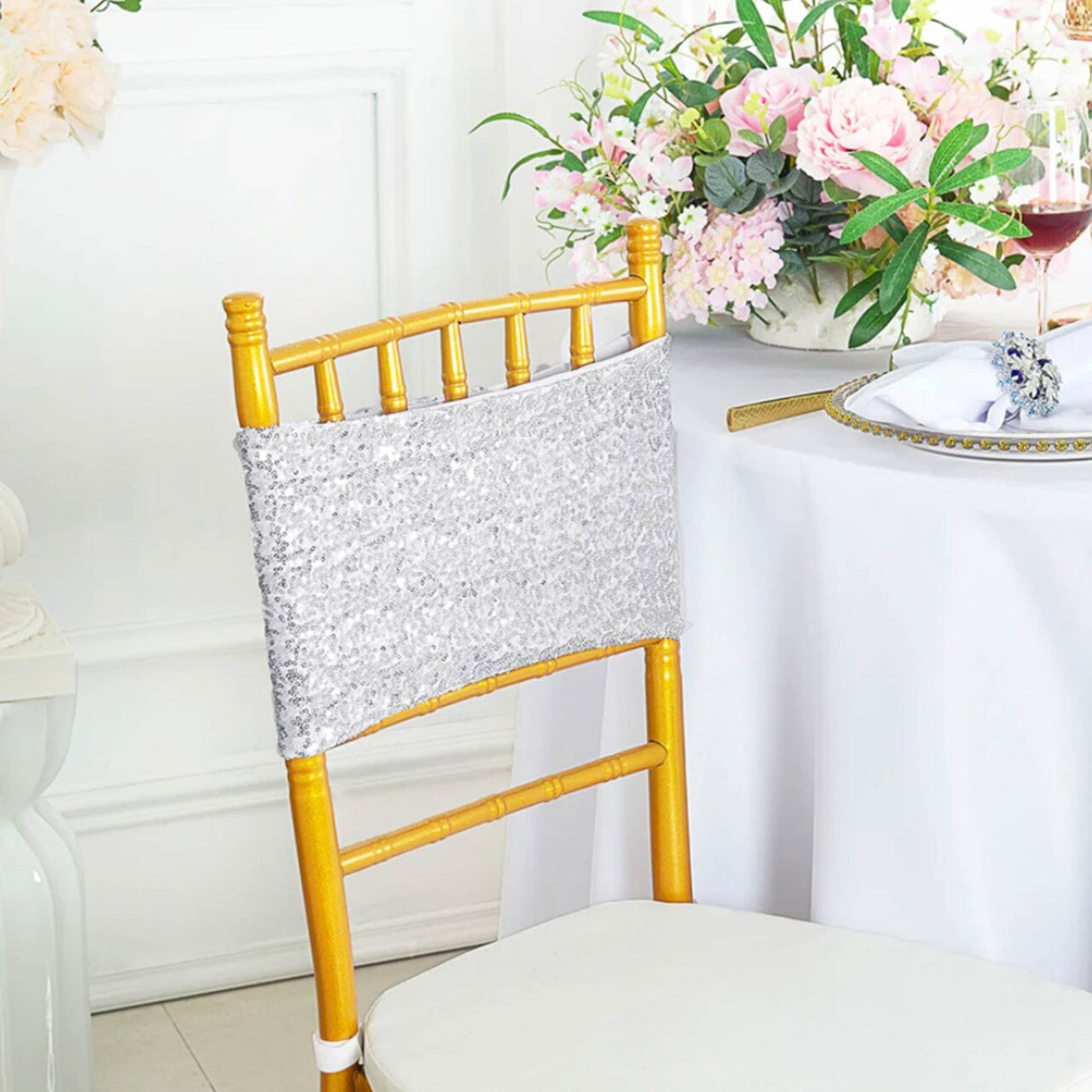 10 Pieces Sparkling Platinum Light Silver Sequin Spandex Chair Bands 7 x 13 Inches