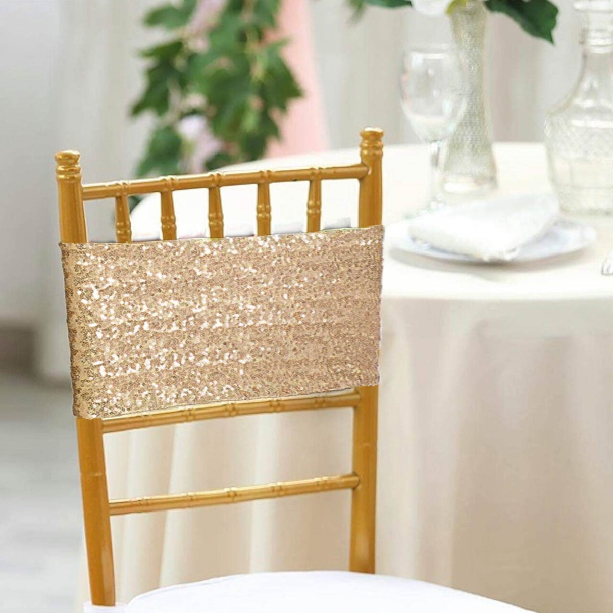 10 Pieces Luxurious Champagne Sequin Stretch Spandex Chair Bands 7 x 13 Inches