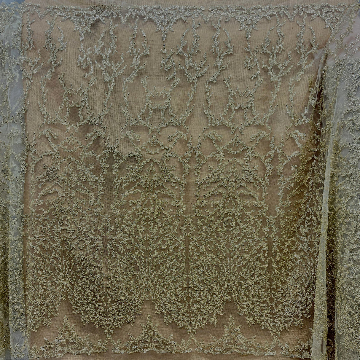 1 Yard Rose Gold Beaded Lace Fabric, Embroidered Polyester Mesh, 52" Wide,