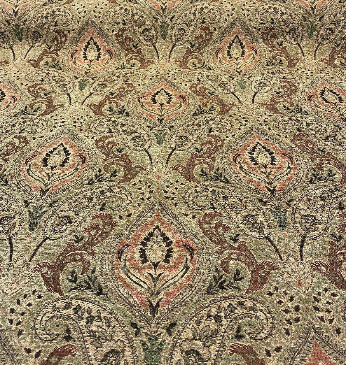 Madison Chutney Chenille Fabric - Heavy Damask, Greens And Reds, 54" Width (1 Yard)