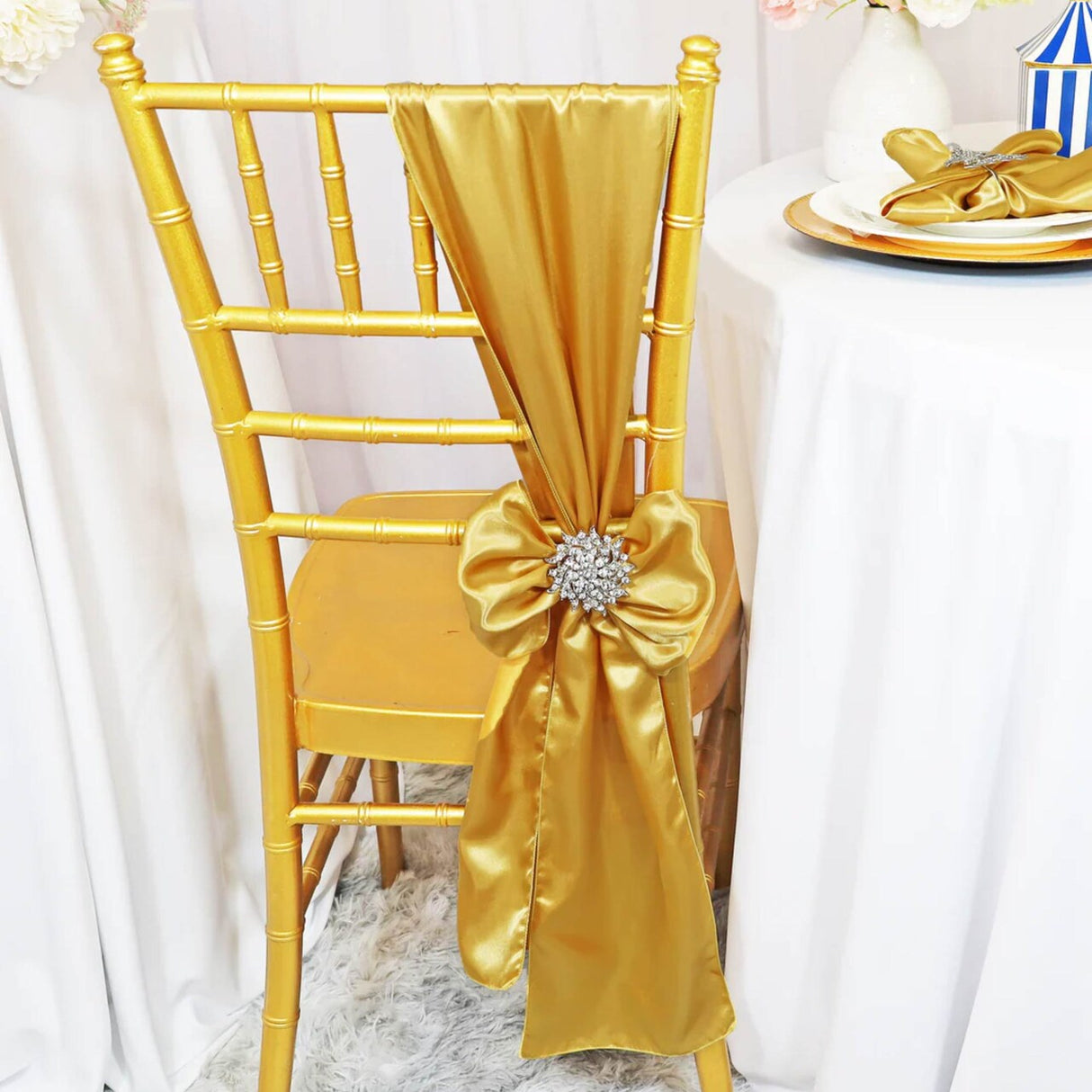 10 Pieces Gold Luxury Satin Chair Ties, 8"x108" Party Accessories