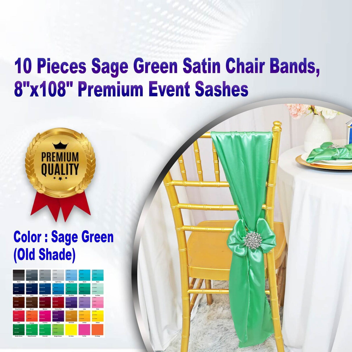 10 Pieces Sage Green Satin Chair Bands, 8"x108" Premium Event Sashes