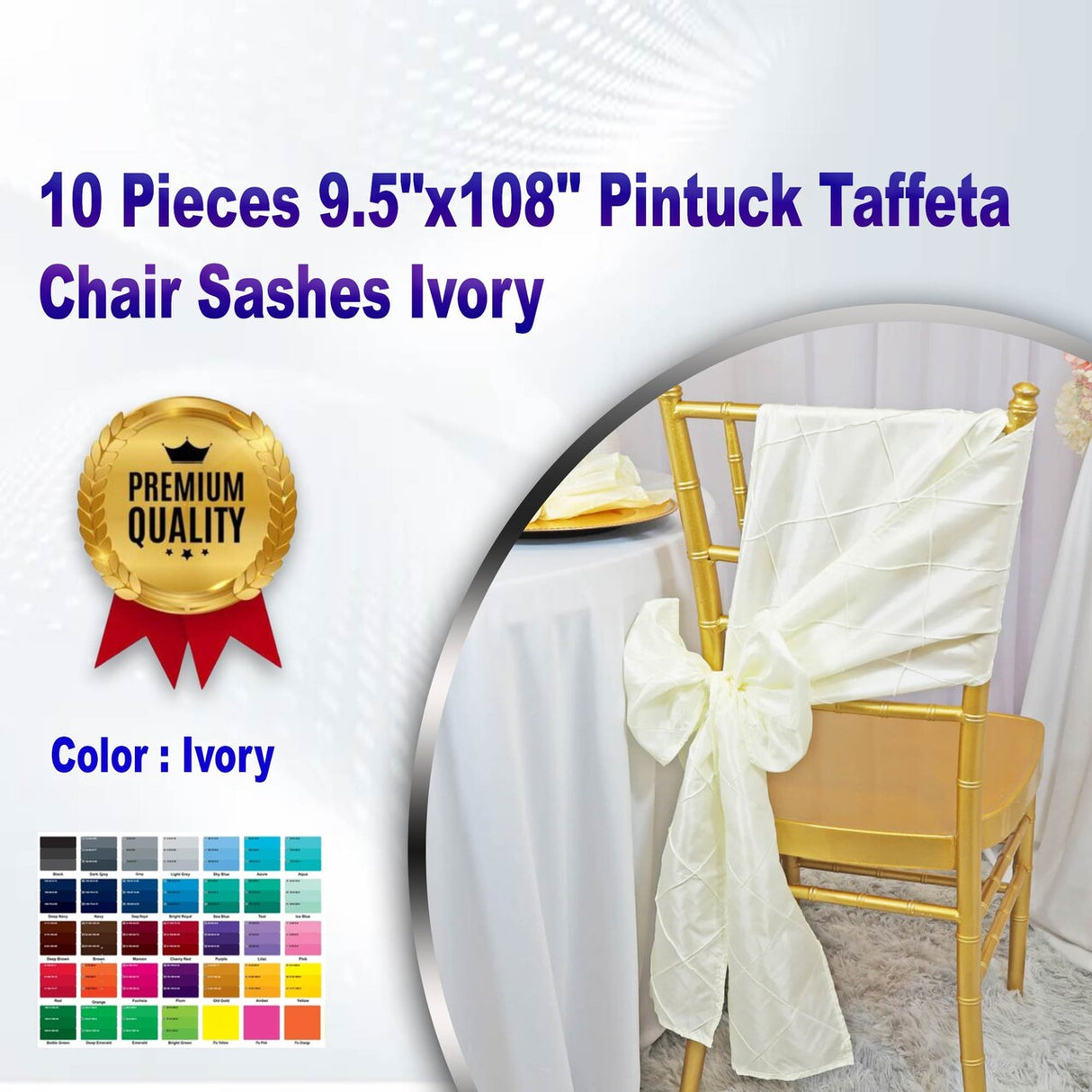 10 Pieces 9.5"x108" Pintuck Taffeta Chair Sashes Ivory