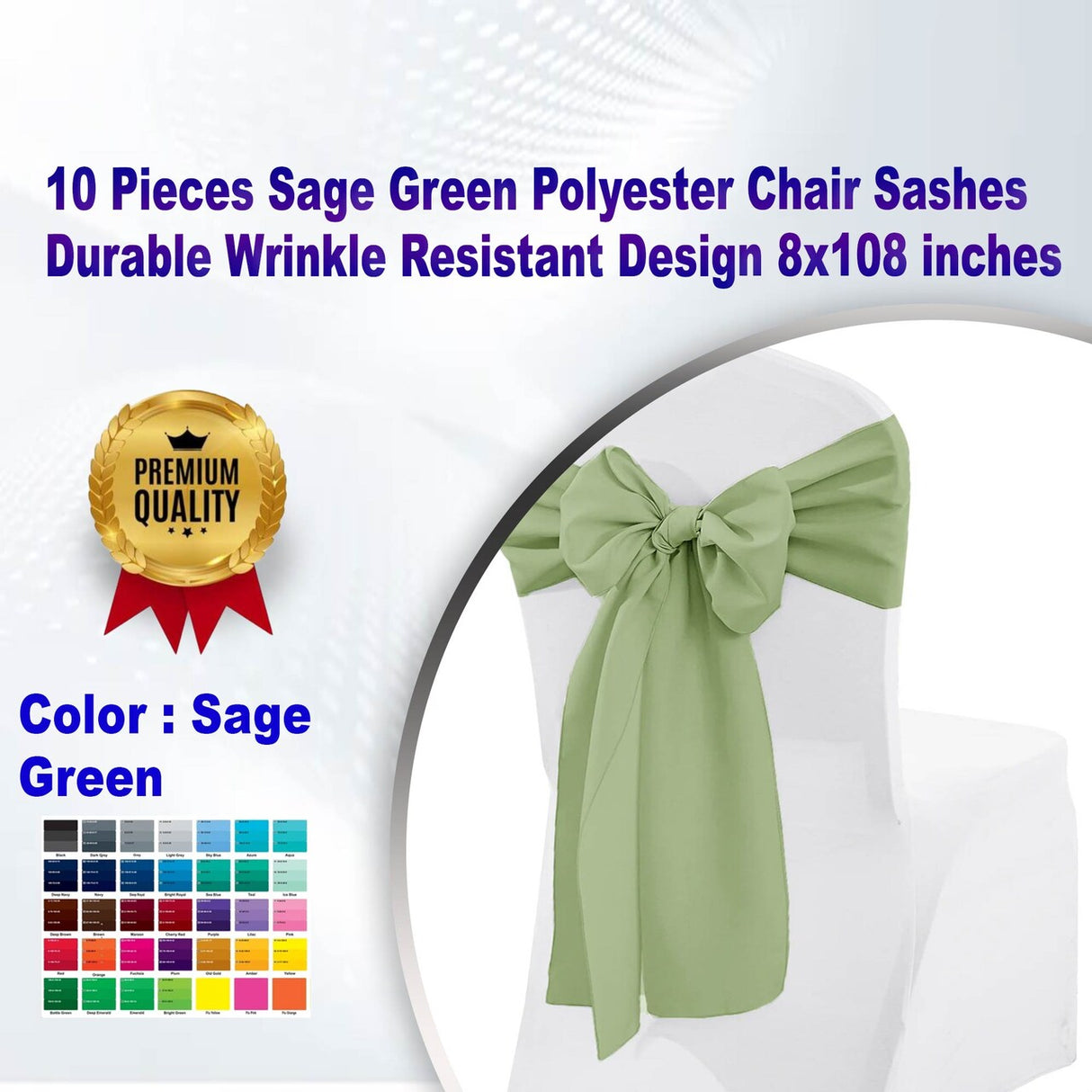 10 Pieces Sage Green Polyester Chair Sashes Durable Wrinkle Resistant Design 8x108 inches