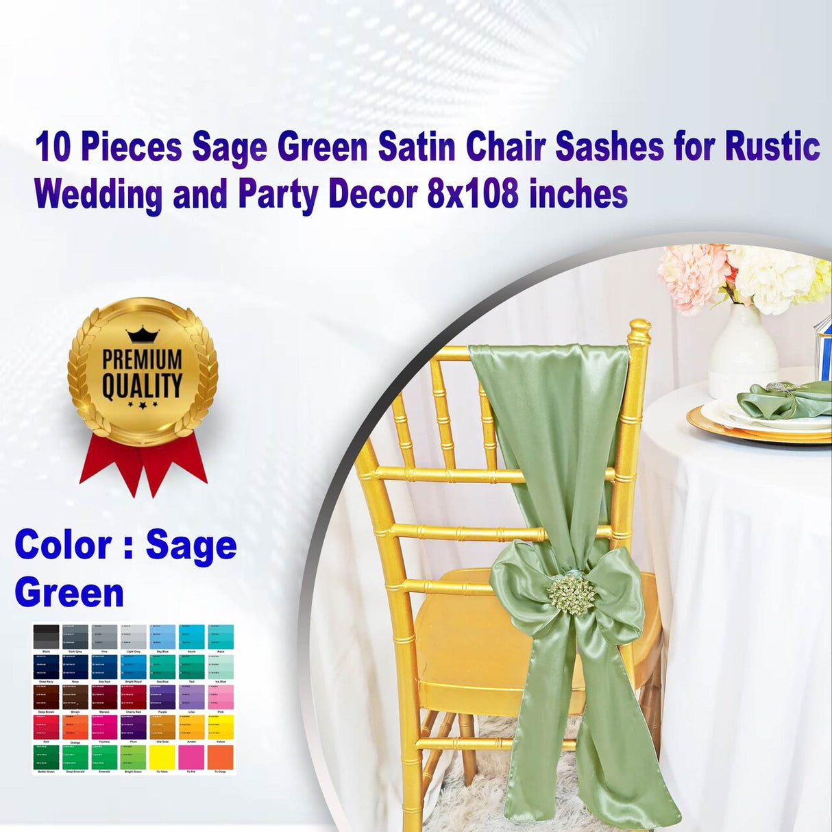 10 Pieces Sage Green Satin Chair Sashes for Rustic Wedding and Party Decor 8x108 inches
