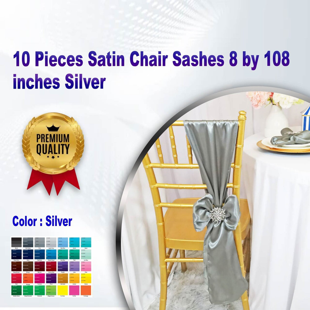 10 Pieces Satin Chair Sashes 8 by 108 inches Silver