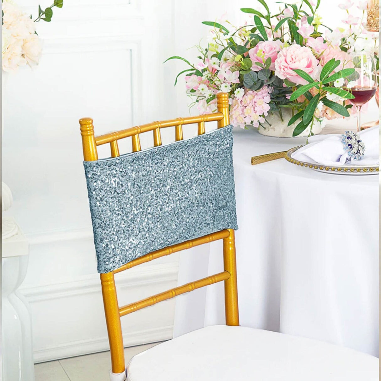 10 Pieces Elegant Dusty Blue Sequin Stretch Spandex Chair Bands 7 x 13 Inches