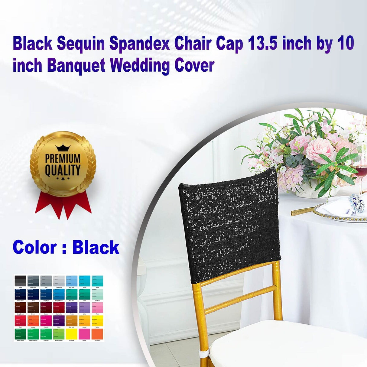 1 Piece Black Sequin Spandex Chair Cap 13.5 inch by 10 inch Banquet Wedding Cover