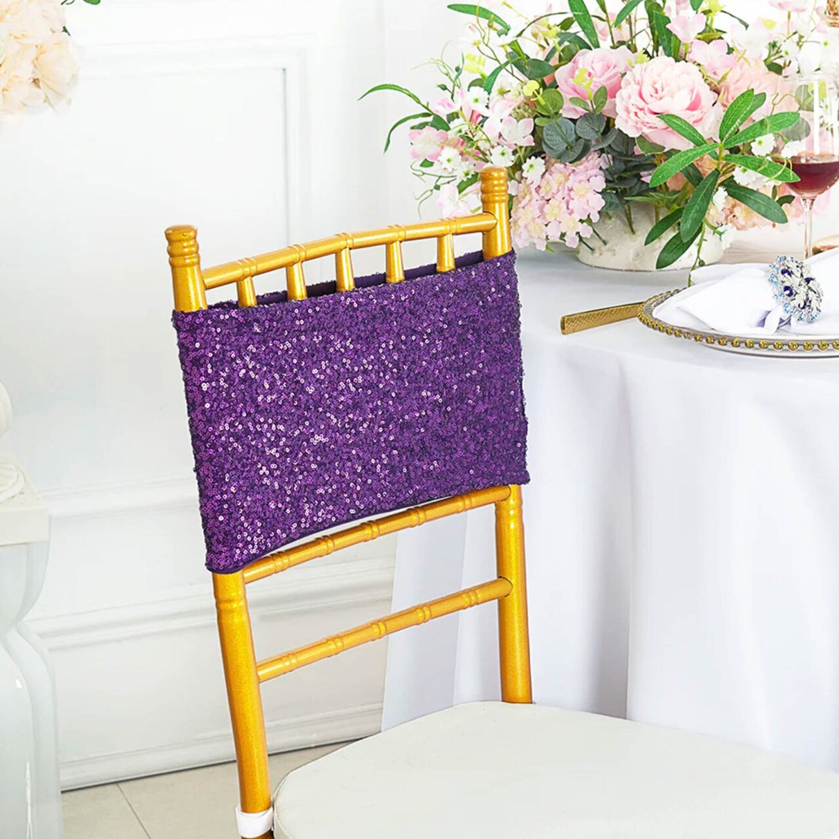 10 Pieces Elegant Eggplant Sequin Stretch Spandex Chair Bands 7 x 13 Inches