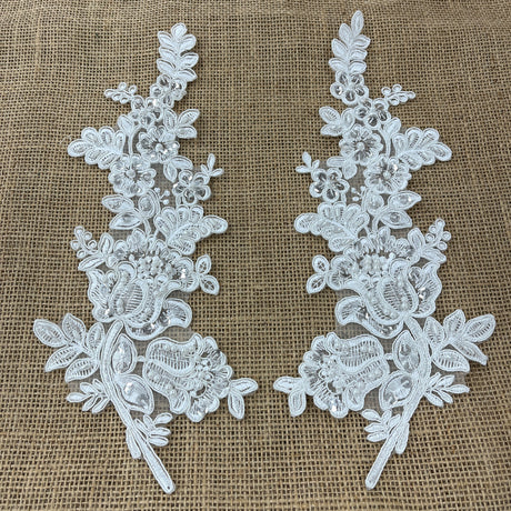 1 Pair 12" x 3.5" Beaded & Corded Floral Lace Applique 100% Polyester Net Mesh