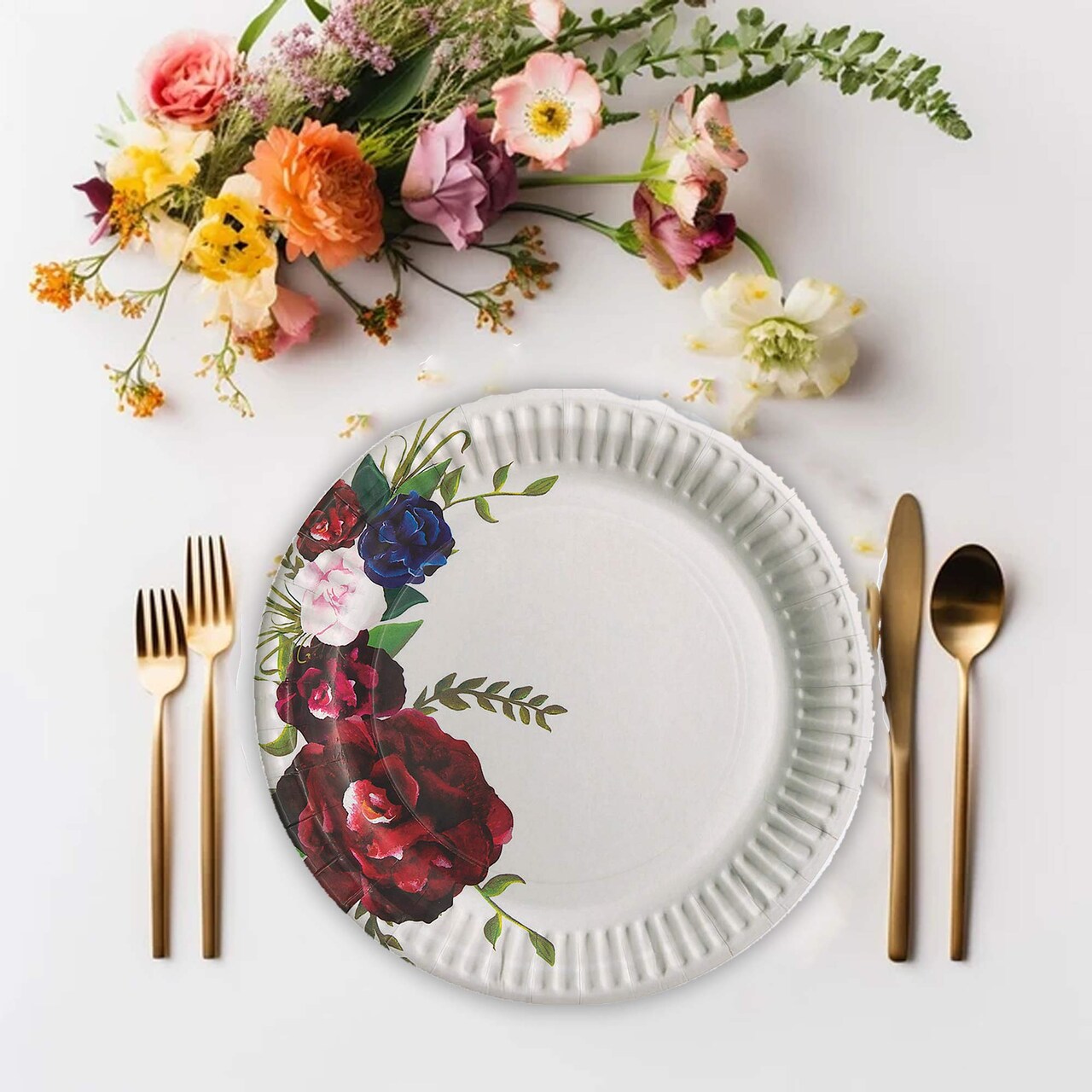 8 Ct. Navy & Red Floral Paper Dessert Plates Elegant Wedding & Shower Tableware