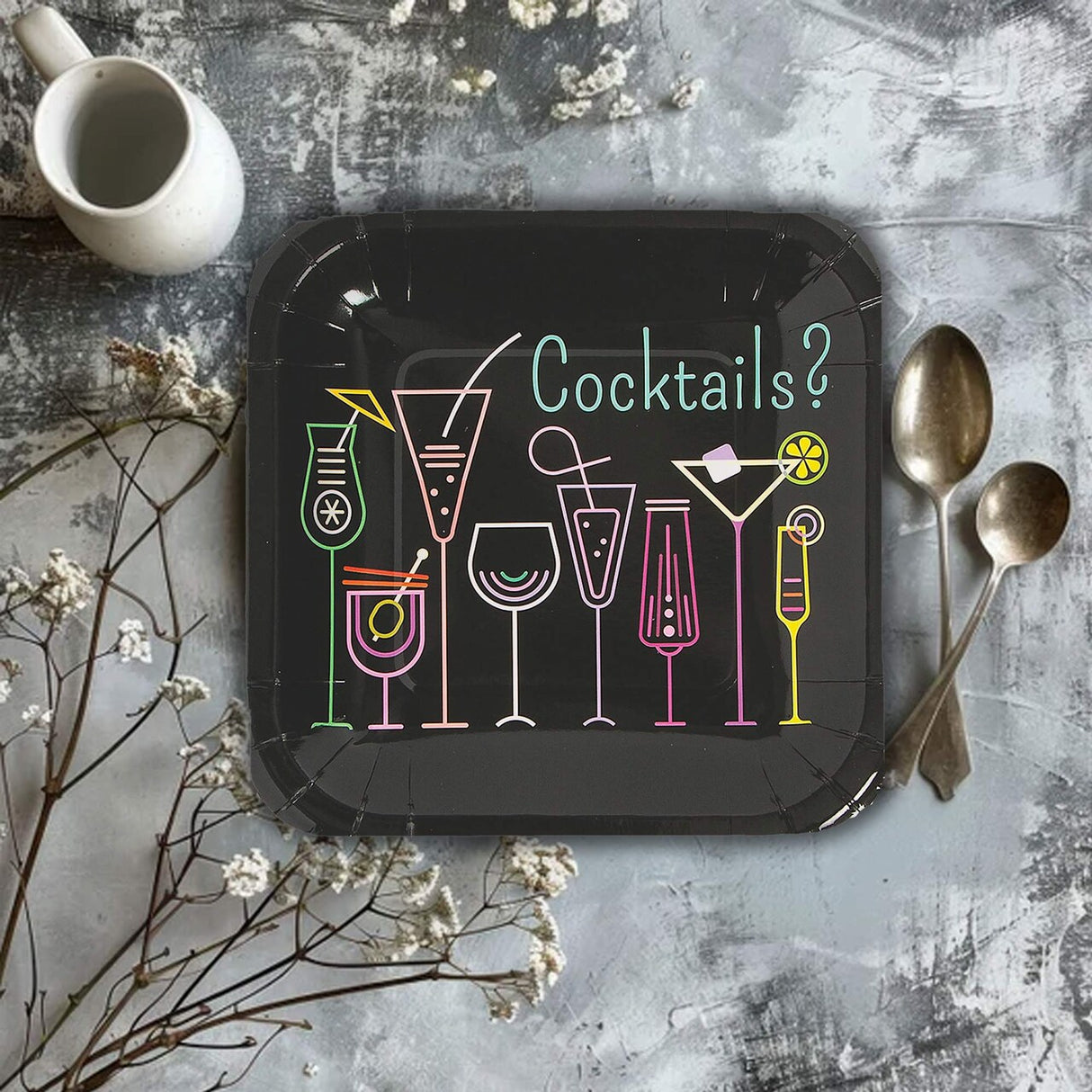 Cocktail Party Paper Dessert Plates 8 Ct. Neon Design for Girls’ Night