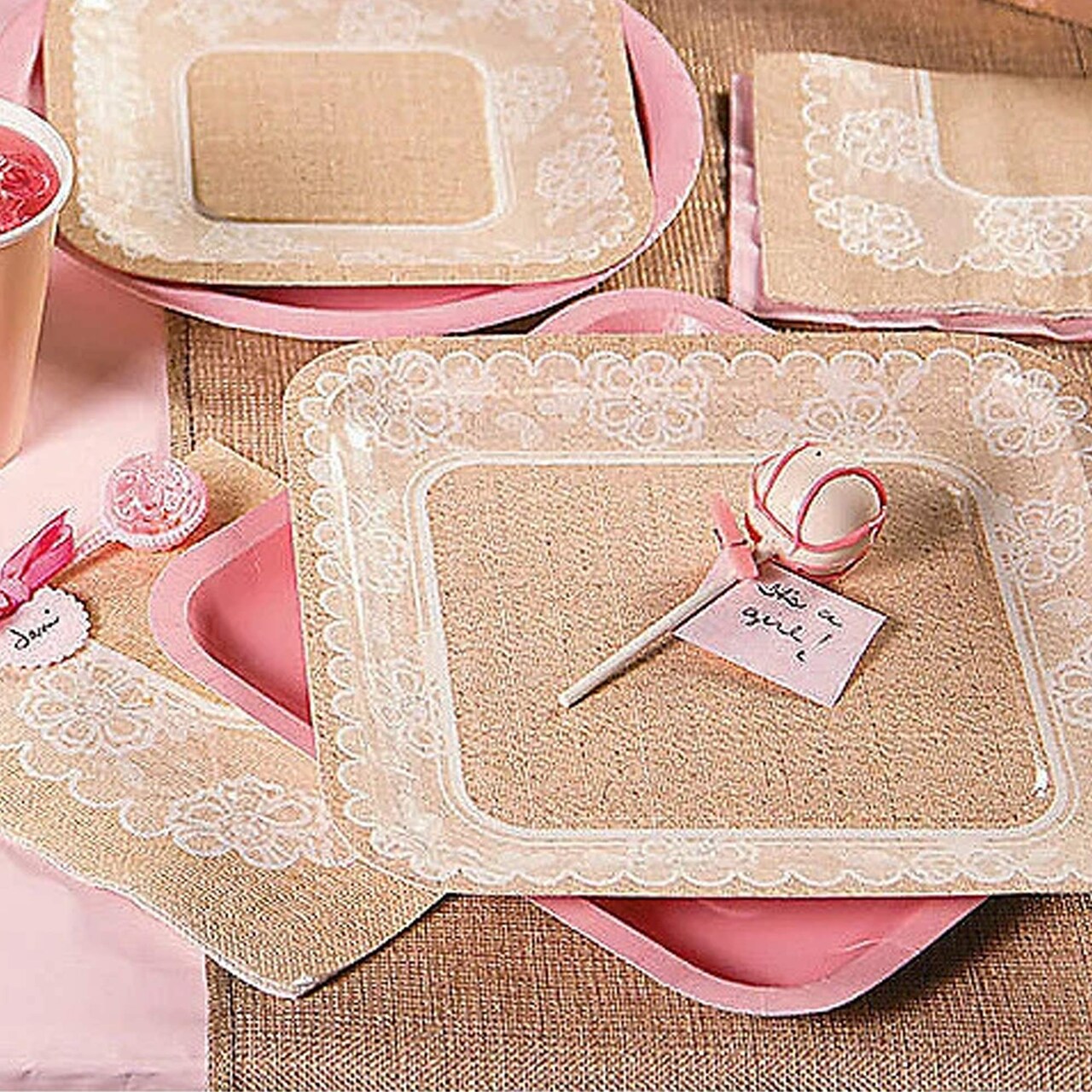 8 Ct. Burlap & Lace Wedding Square Paper Dinner Plates Rustic Disposable 9" Plates for Wedding Reception