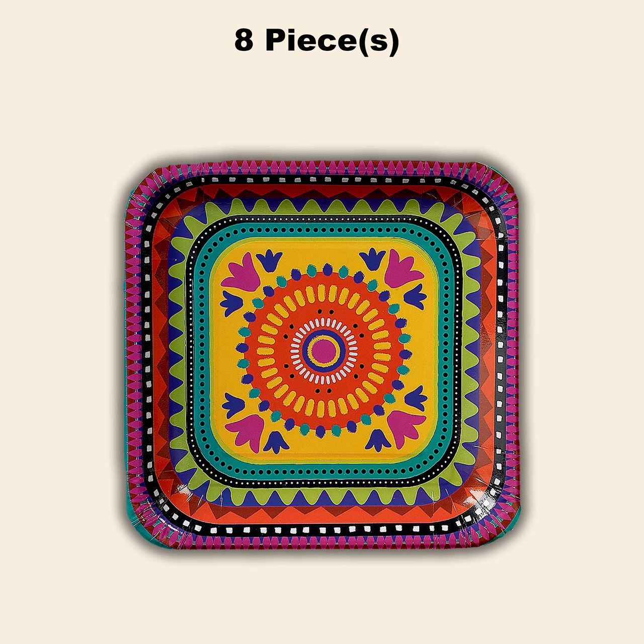 8 Ct. Fiesta Party Square Paper Dessert Plates 7" Colorful Disposable Tableware