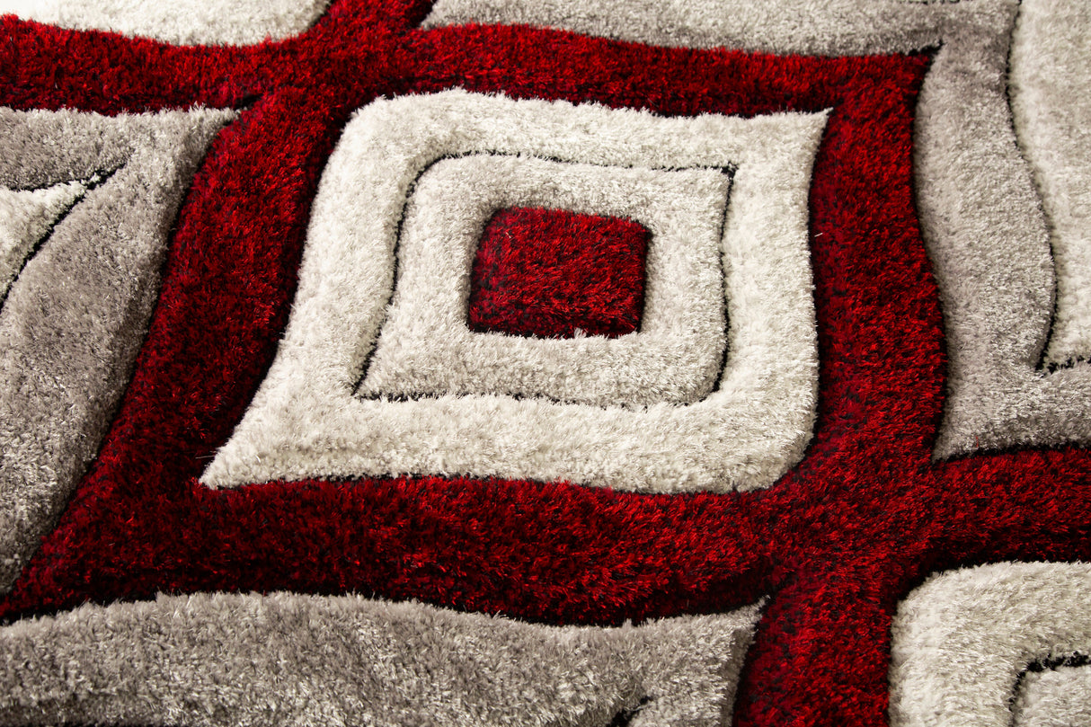 SR-721 Polyester Fabric - Plush Fluffy Shine 3D Geometric Design, Red/Silver/Yellow, 2' X 3", 5' 3" X 7' 5", 7' 6" X 10' 3" (1 Rug)