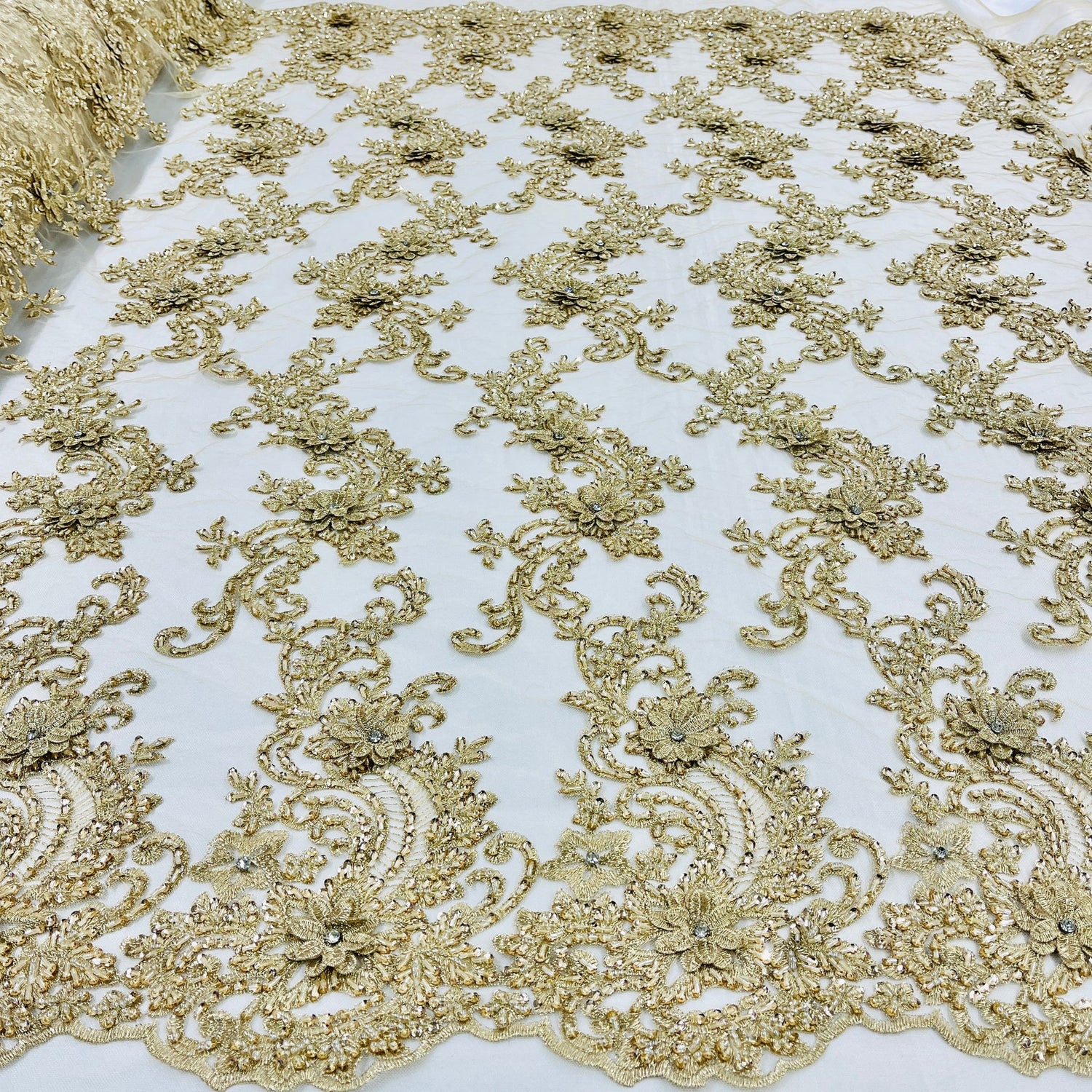 1 Yard Beaded 3D Floral Lace Fabric Embroidered on Premium Polyester Mesh 52