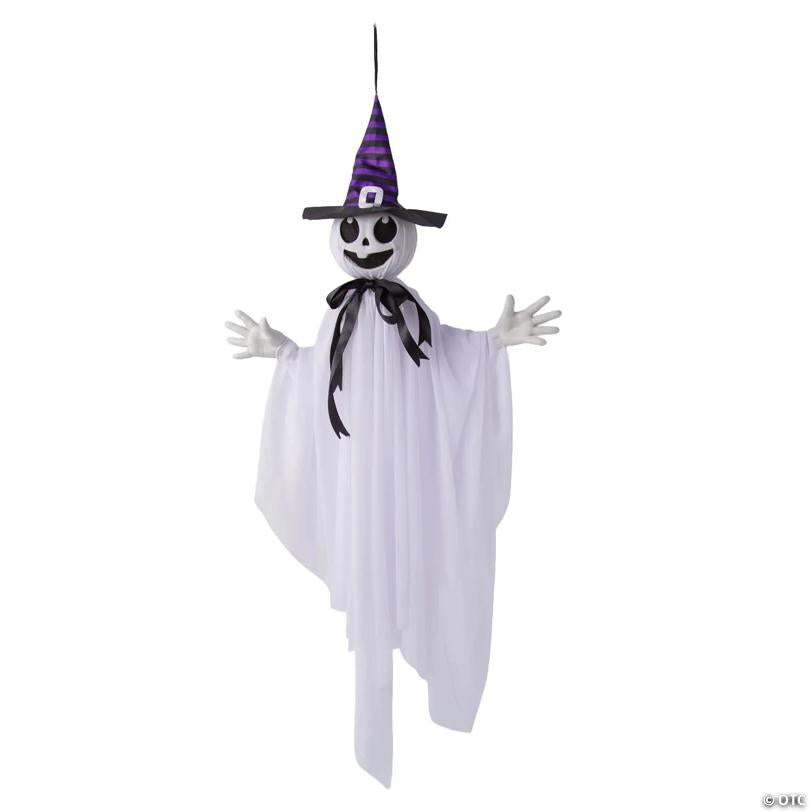 39 1/4" Animated Hanging Smiling Ghost with Witch Hat & Black Bow Halloween Decoration