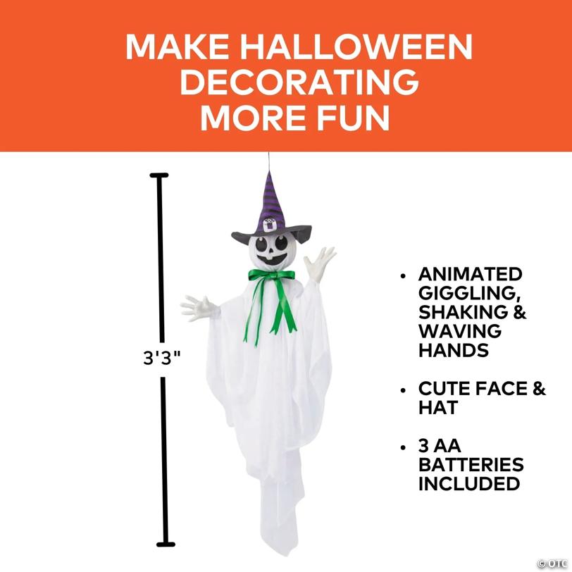 39 1/4" Animated Hanging Smiling Ghost with Witch Hat & Green Bow Halloween Decoration