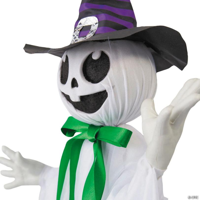 39 1/4" Animated Hanging Smiling Ghost with Witch Hat & Green Bow Halloween Decoration