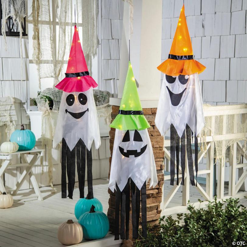 39 1/4" Hanging Light-Up Ghosts with Witch Hats Halloween Decoration - Set of 3