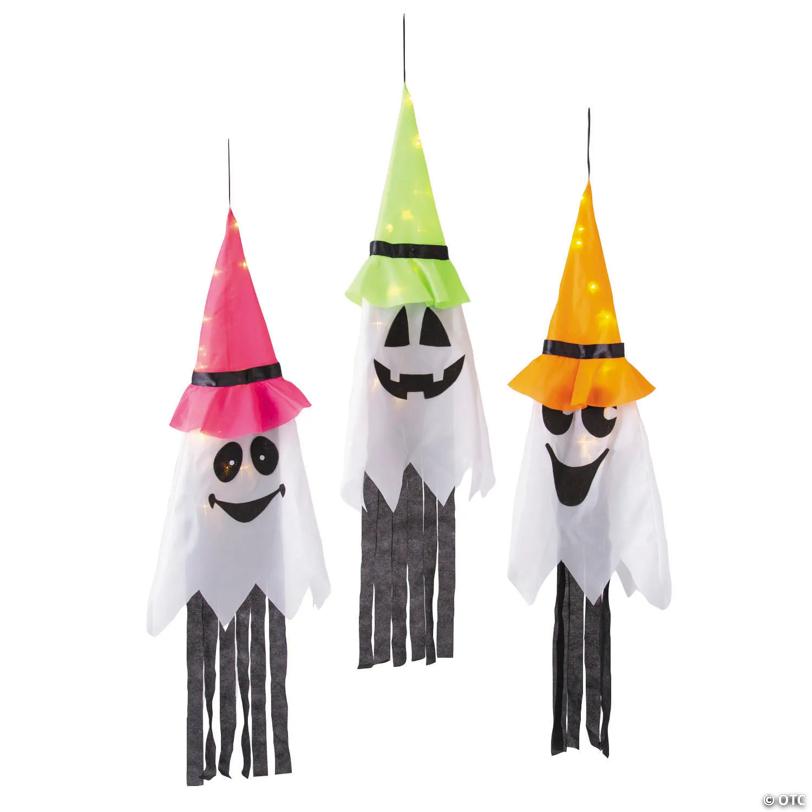 39 1/4" Hanging Light-Up Ghosts with Witch Hats Halloween Decoration - Set of 3
