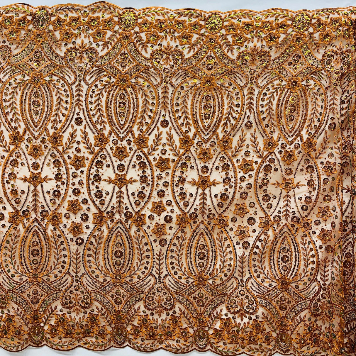 1 Yard Rust Beaded Sequined Floral Sparkling Lace Fabric Embroidered on Polyester Net Mesh 52 inch Width