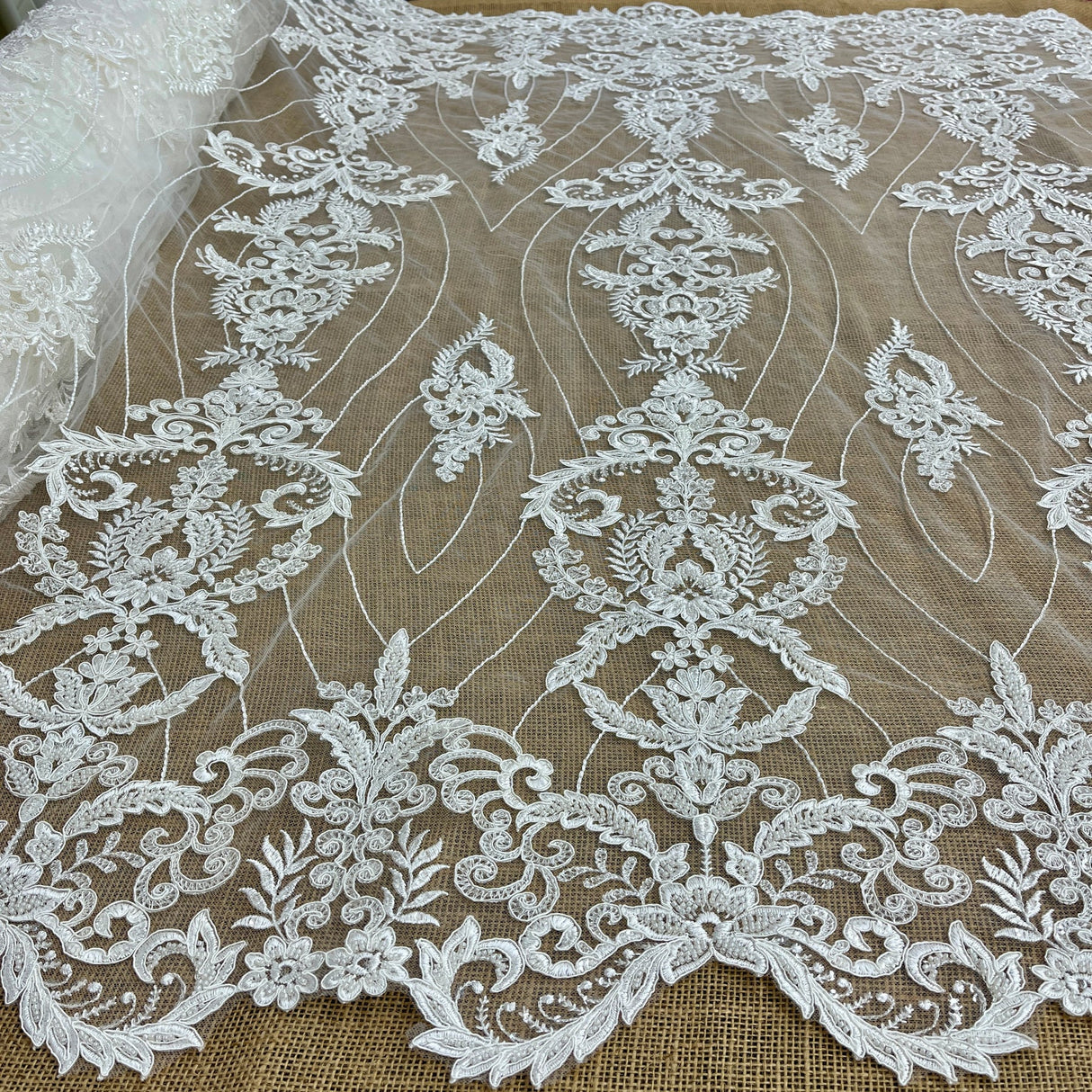 1 Yard Beaded & Corded Bridal Lace Fabric Embroidered on Polyester Net Mesh 52" Wide