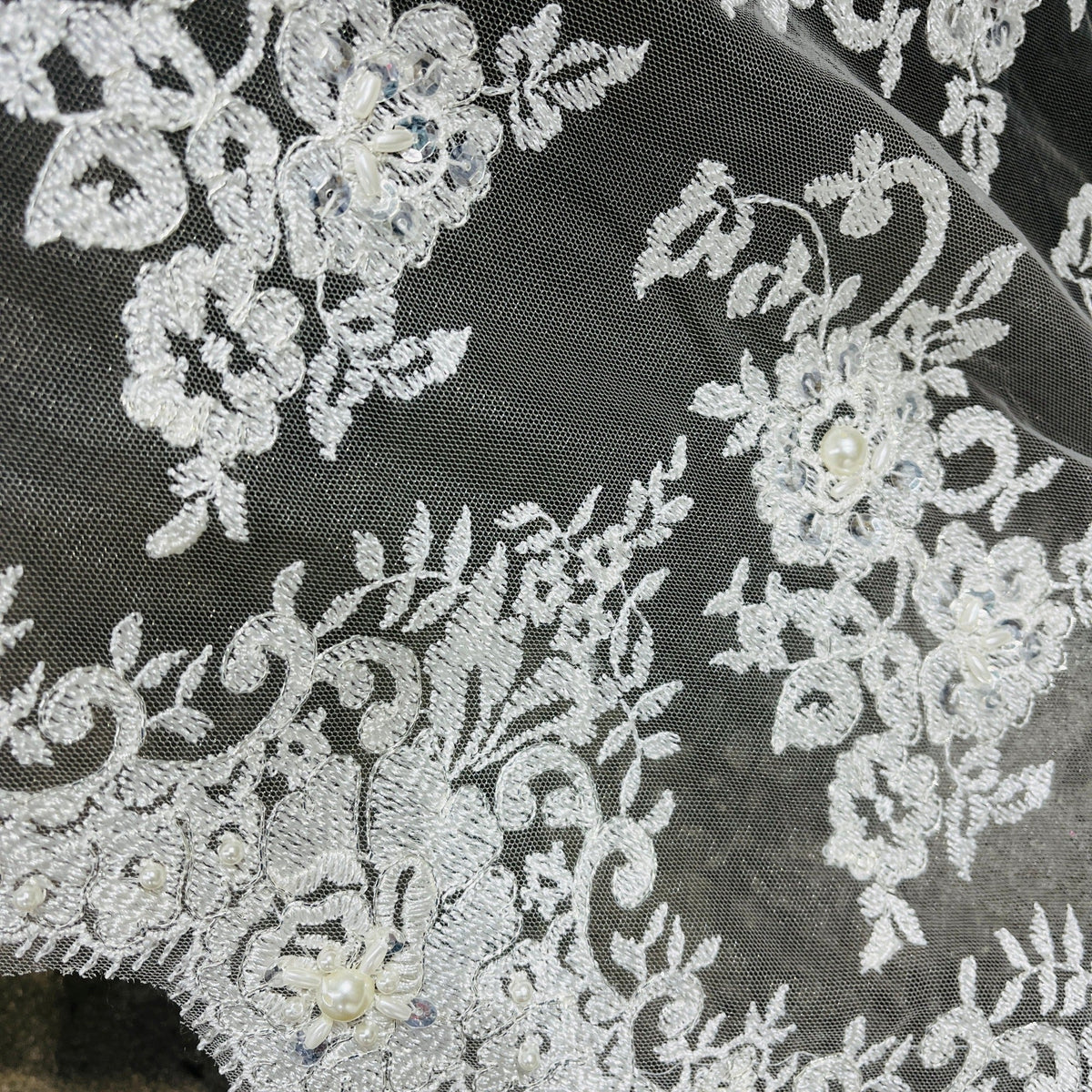 1 Yard Elegant Beaded Lace Fabric Embroidered on 100% Polyester Net Mesh for Dressmaking