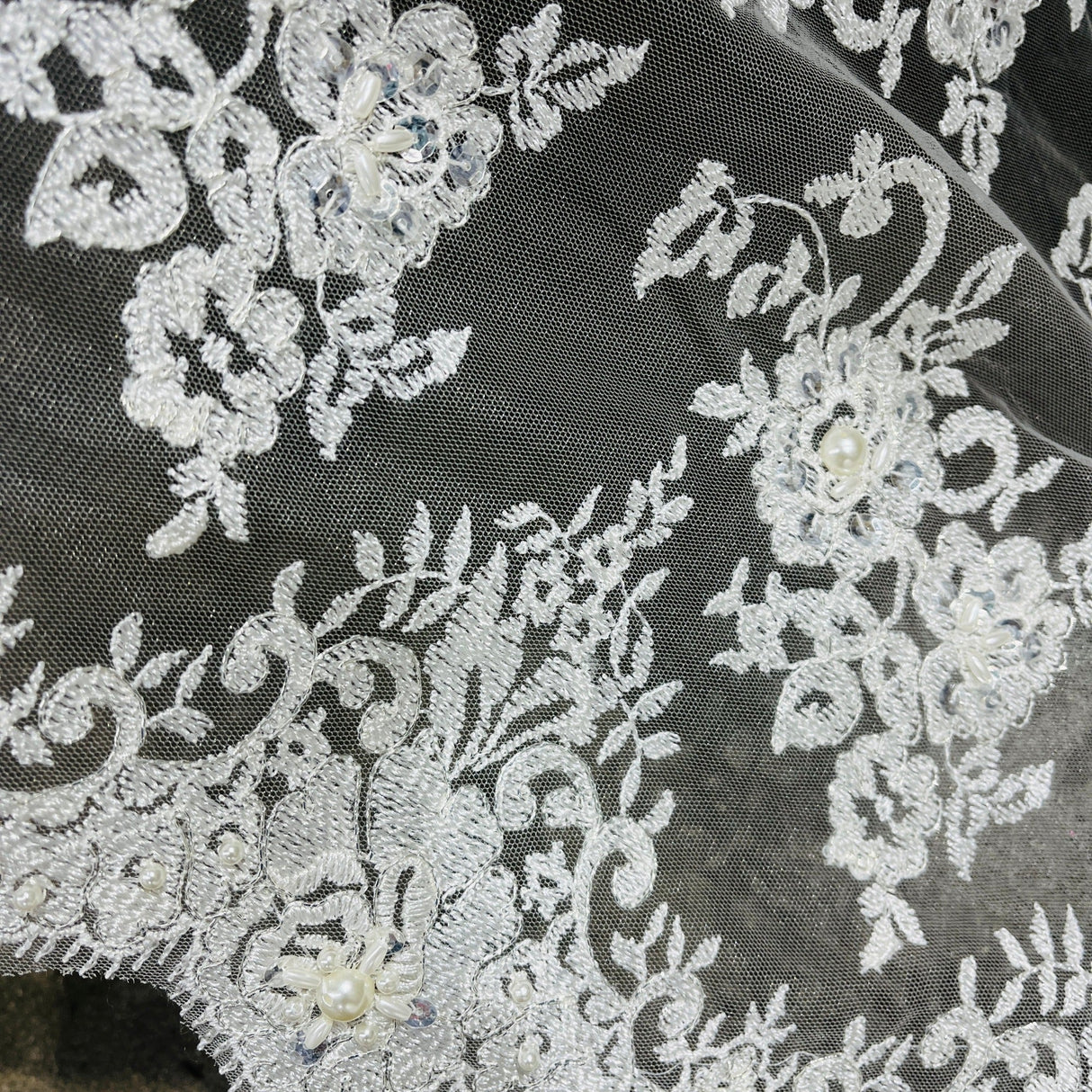 Beaded Lace Fabric on Polyester Net Mesh