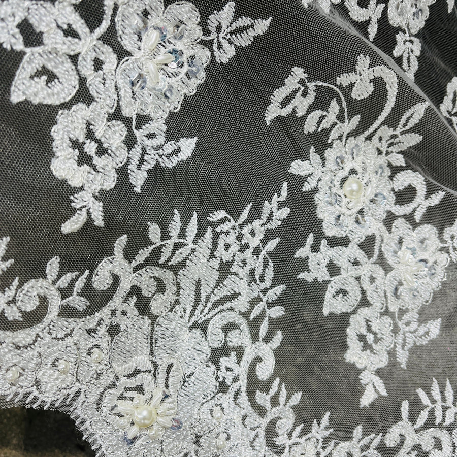 1 Yard Luxurious Beaded Lace Fabric Embroidered on Soft Polyester Net Mesh