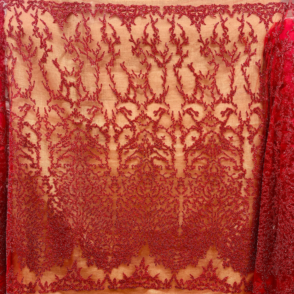 1 Yard Rose Gold Beaded Lace Fabric, Embroidered Polyester Mesh, 52" Wide,