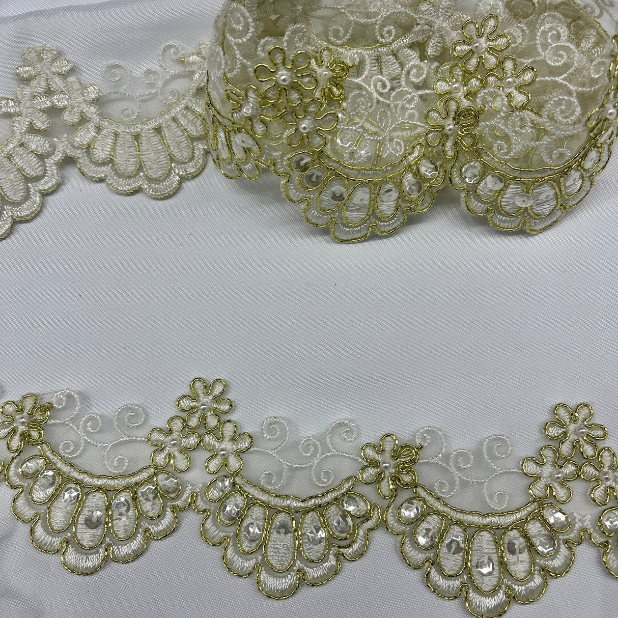 1 Yard Beaded & Corded Embroidered Lace Trim 2.5" Wide 100% Polyester Net Mesh for Special Occasion Dresses
