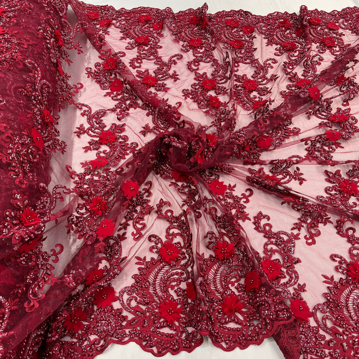 Beaded Floral Lace Fabric 3D Embroidered Net Mesh 52" Wide