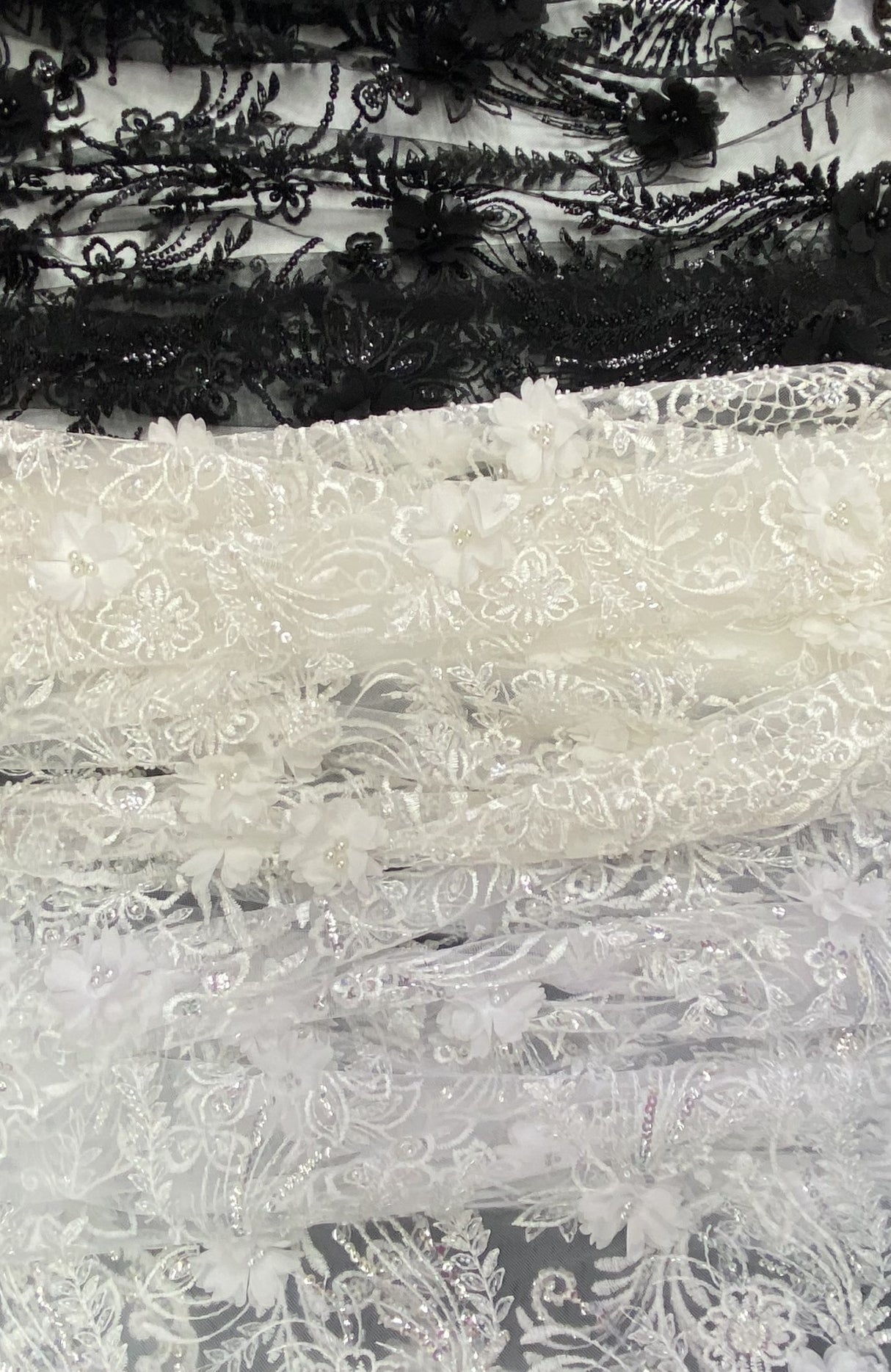 3D Chiffon Flower Pearls And Beaded Lace Polyester Fabric - Black, White, Off White, 3D Floral Beaded Lace, 54" Width (1 Yard)