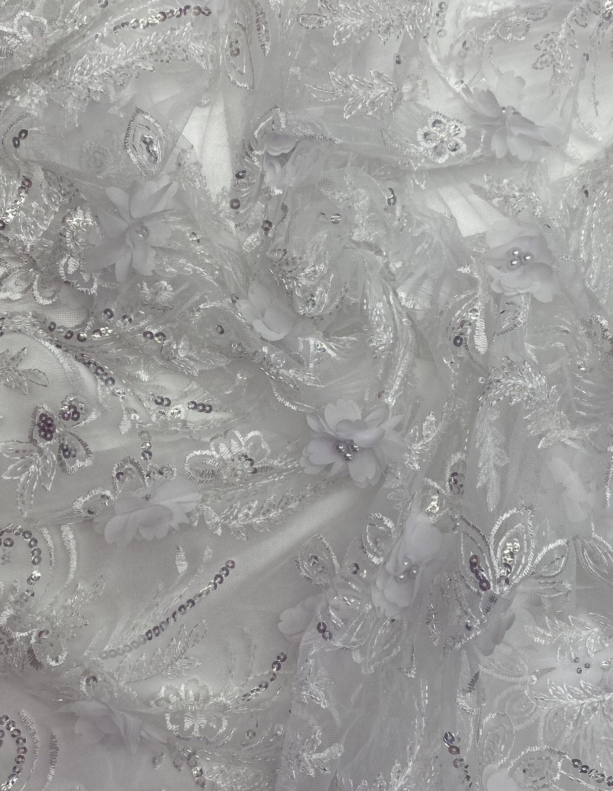 3D Chiffon Flower Pearls And Beaded Lace Polyester Fabric - Black, White, Off White, 3D Floral Beaded Lace, 54" Width (1 Yard)