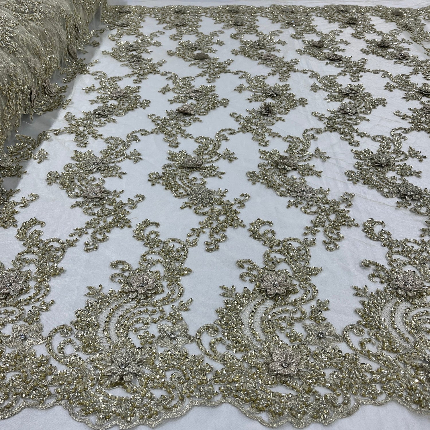 1 Yard Beaded 3D Floral Lace Fabric Embroidered on Premium Polyester Mesh 52