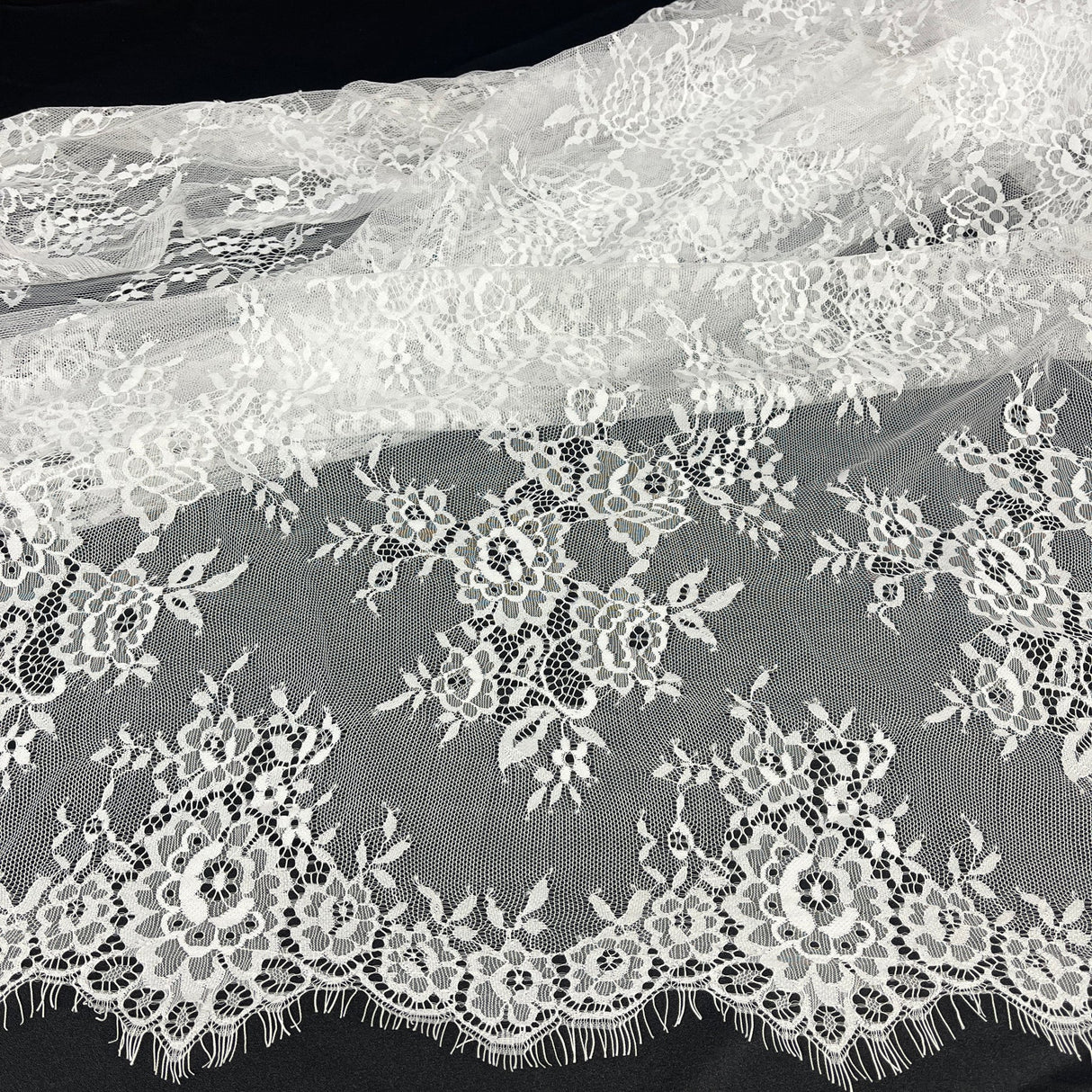 1 Yard Chantilly Embroidered Lace Fabric with Eyelash Scallop, 58" Wide French Alençon Lace for Bridal & Evening Dresses