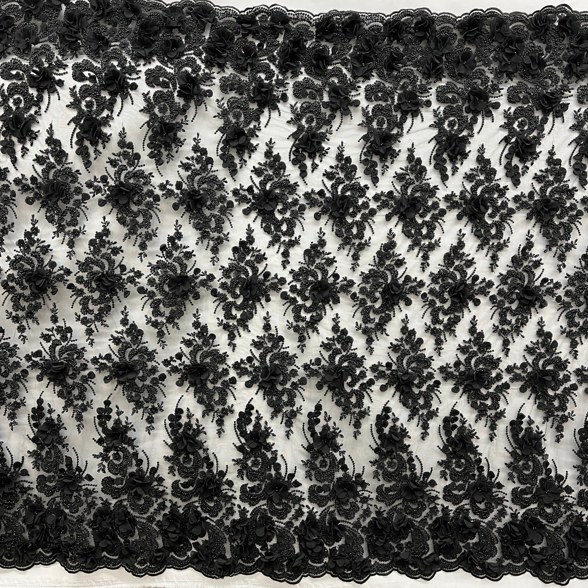 1 Yard Beaded 3D Floral Lace Fabric Embroidered on 100% Polyester Net Mesh 48" Wide