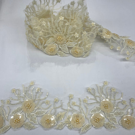 1 Yard  Embroidered on 100% Polyester Net Mesh 4″ Wide Beaded & Corded Floral Lace Trimming