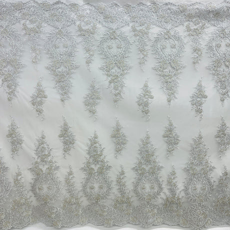 1 Yard Beaded and Corded Bridal Lace Fabric Embroidered on Polyester Net Mesh White and Ivory