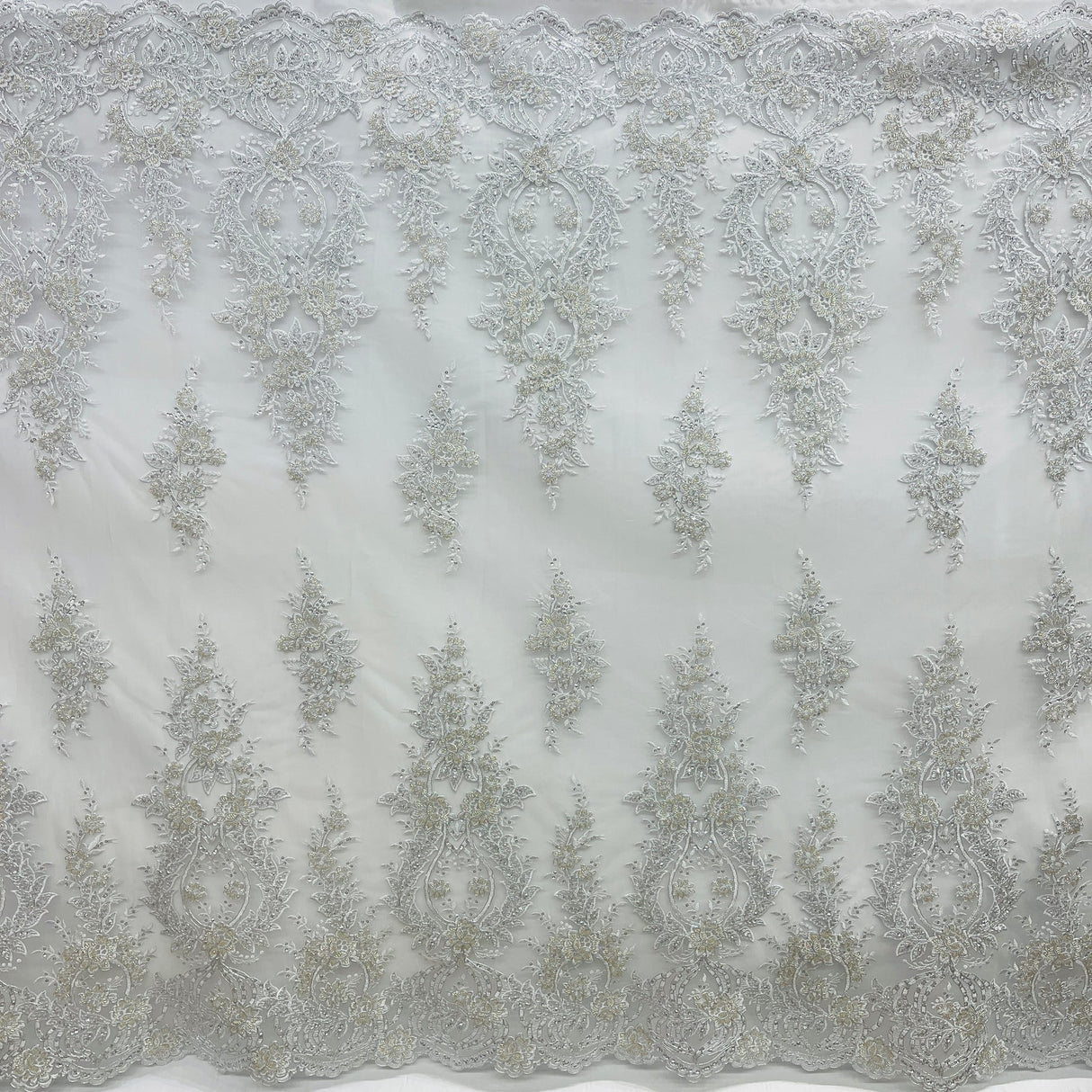 1 Yard White Beaded & Corded Bridal Lace Fabric, Embroidered Polyester Net Mesh, 54" Wide,