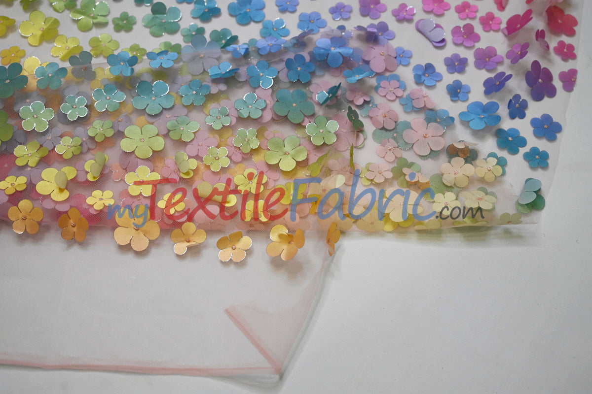 3D Floral Ombre On Tulle Polyester Fabric - Vibrant Rainbow Colors, 54" Width (1 Yard)