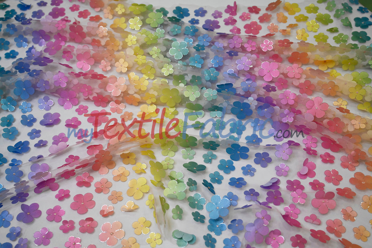 3D Floral Ombre On Tulle Polyester Fabric - Vibrant Rainbow Colors, 54" Width (1 Yard)