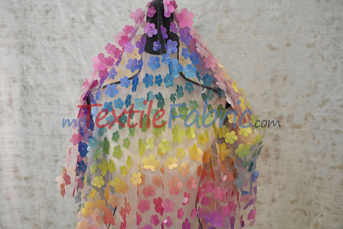 3D Floral Ombre On Tulle Polyester Fabric - Vibrant Rainbow Colors, 54" Width (1 Yard)