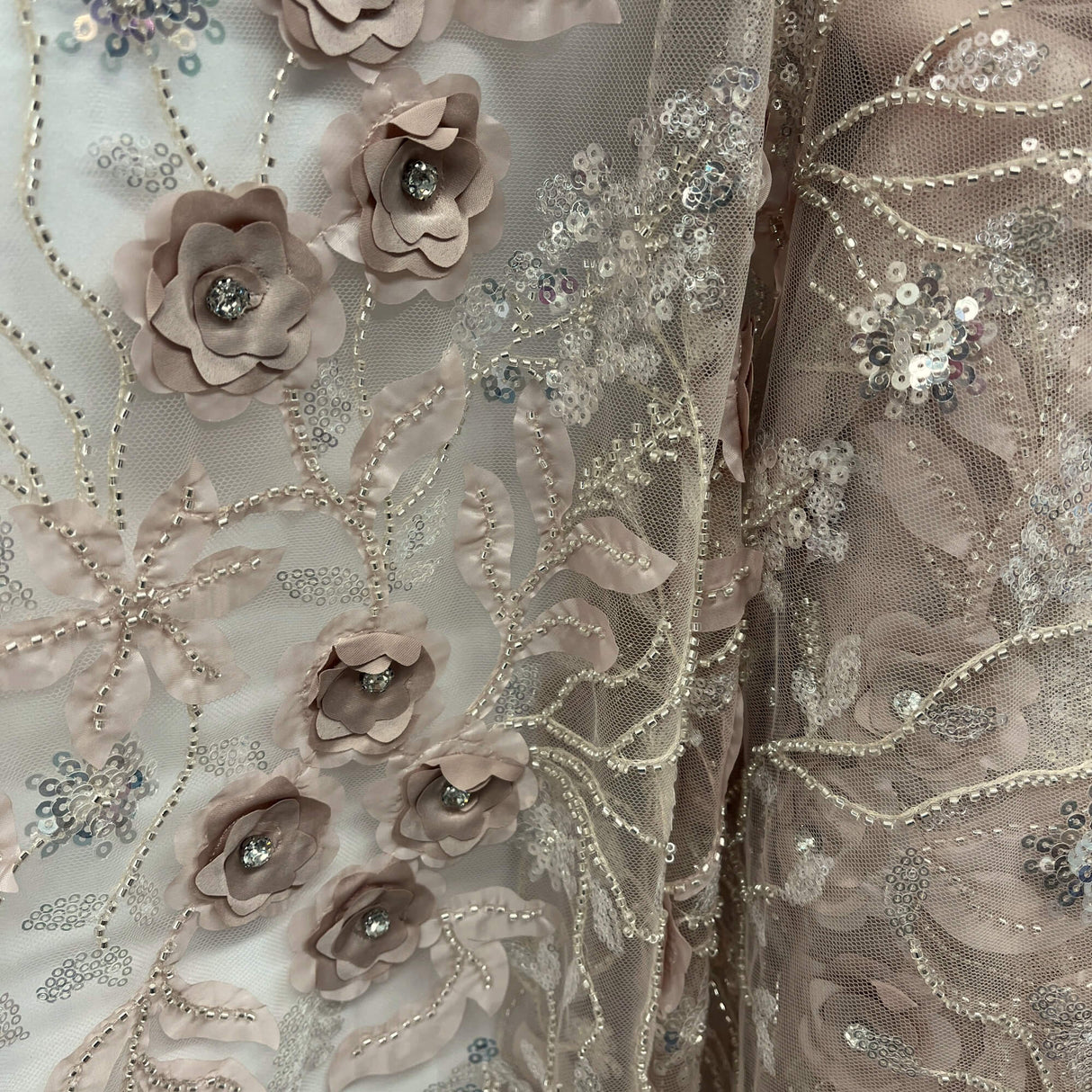 GD-229 Beaded Sequined 3D Floral Lace Fabric - 3D Floral Embroidery, 52" Width (1 Yard)
